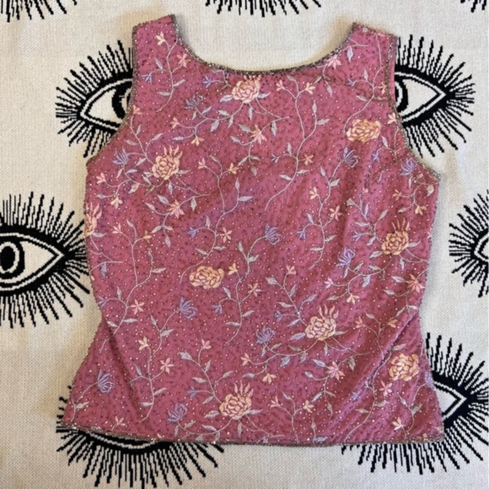 Marina Women's Pink Floral Beaded Embroidery Y2K Tank Top M